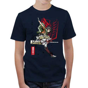 tshirt-enfant-attaque-des-titans-soldat-mikasa-coton-bio-bleu-nuit