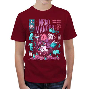 tshirt-enfant-nekomancer-magicien-qui-reincarne-les-chats-coton-bio-rouge