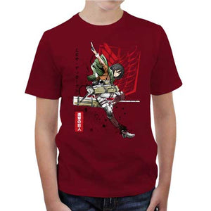 tshirt-enfant-attaque-des-titans-soldat-mikasa-coton-bio-rouge