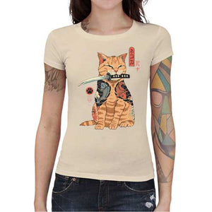 tshirt-femme-katana-chat-japonais-tatoue-facon-yakusa-coton-bio-natural