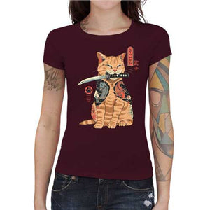 tshirt-femme-katana-chat-japonais-tatoue-facon-yakusa-coton-bio-cerise