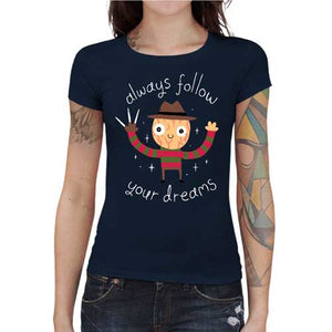 tshirt-femme-freddy-krueger-follow-your-dreams-coton-bio-bleu-nuit