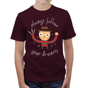 tshirt-enfant-freddy-krueger-follow-your-dreams-coton-bio-cerise