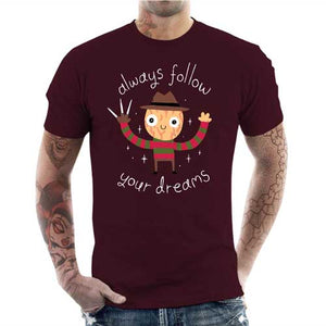 tshirt-homme-freddy-krueger-follow-your-dreams-coton-bio-cerise