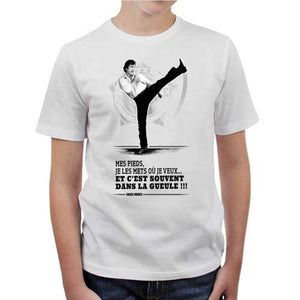 tshirt-enfant-chuck-norris-pieds-replique-coton-bio-blanc