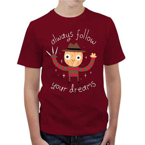 tshirt-enfant-freddy-krueger-follow-your-dreams-coton-bio-rouge