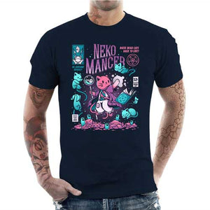 tshirt-homme-nekomancer-magicien-qui-reincarne-les-chats-coton-bio-bleu-nuit